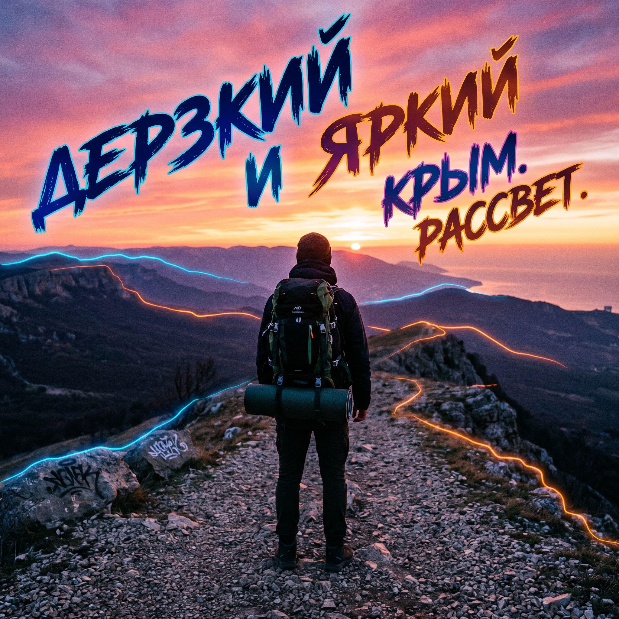 Парень с рюкзаком смотрит на горизонт во время рассвета, Судак
